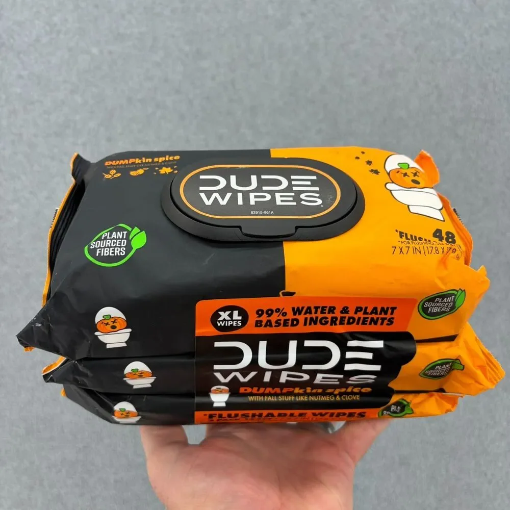 DUDE Wipes Flushable Wipes -3 Pack, 144 Wipes DUMPkin Spice Extra Large Wet NWT